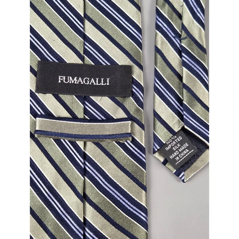 FUMAGALLI 100% Silk‎ Necktie Stripe Navy Olive Green Blue Gold